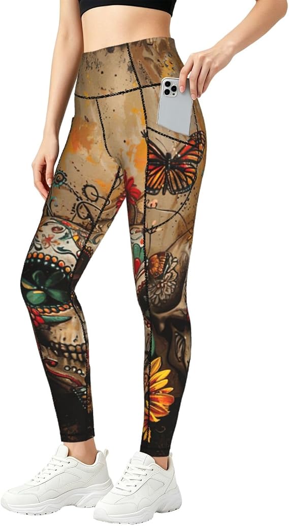 Sugar Skulls Butterfly Print Women Yoga Pants Baggy Soft Breathable - skull leggings