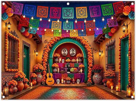 Fabric 8x6ft Day of The Dead Backdrop Día De Los Muertos Background - skull sticker