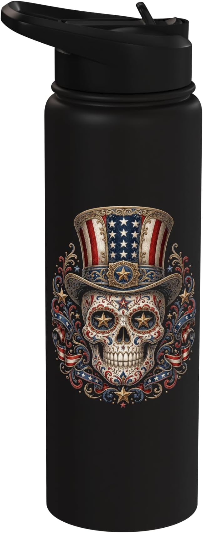 De Los Muertos Day of the Dead American Flag Sugar Skull Stainless Steel Insulated Water Bottle - sugar skull boots