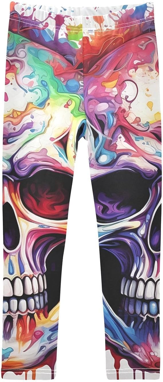 GAIREG Colorful Skull White Girls Printed Leggings, Stretchy Pull-On Pants - skull leggings