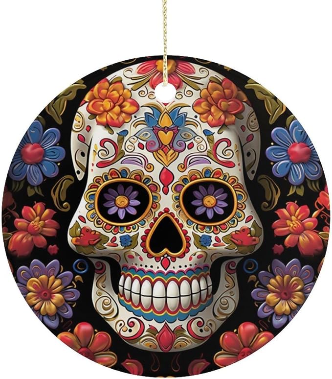 Christmas Tree Ornament Ceramic Decorations, Sugar Skulls Pattern - skull wreath
