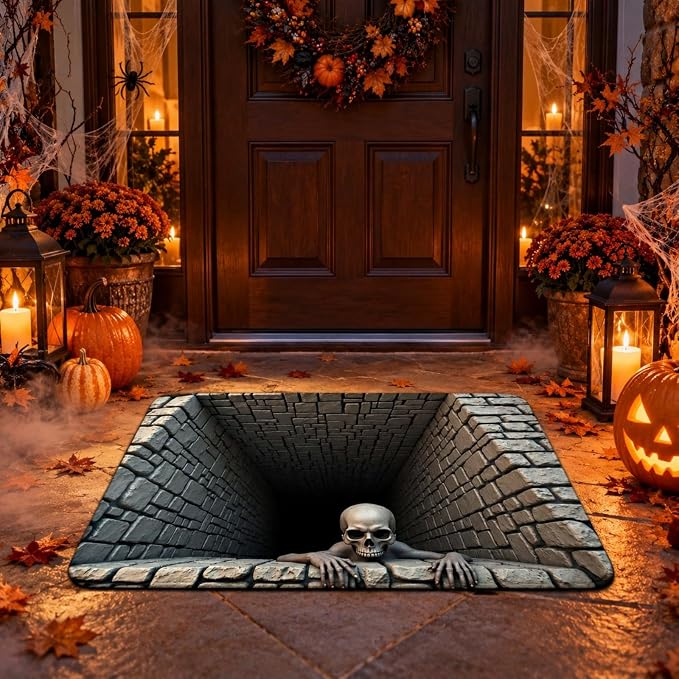 3D Halloween Rugs, Halloween Door Mat, Optical Illusion，A 31.50 × 47.24 in - skull floor mat