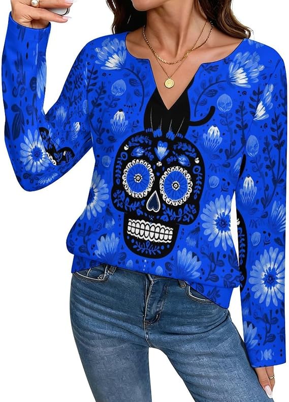 Cats on Sugar Skull Casual Women's Long Sleeve T-Shirt 5X-Large - skull tshirt