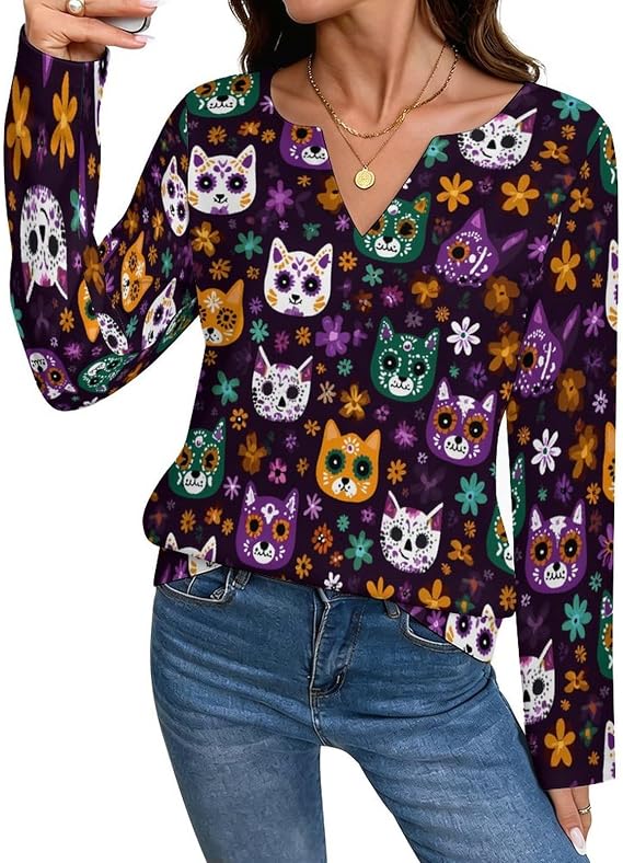 Cute Sugar Skull Cats Casual Women's Long Sleeve T-Shirt 5X-Large - skull tshirt