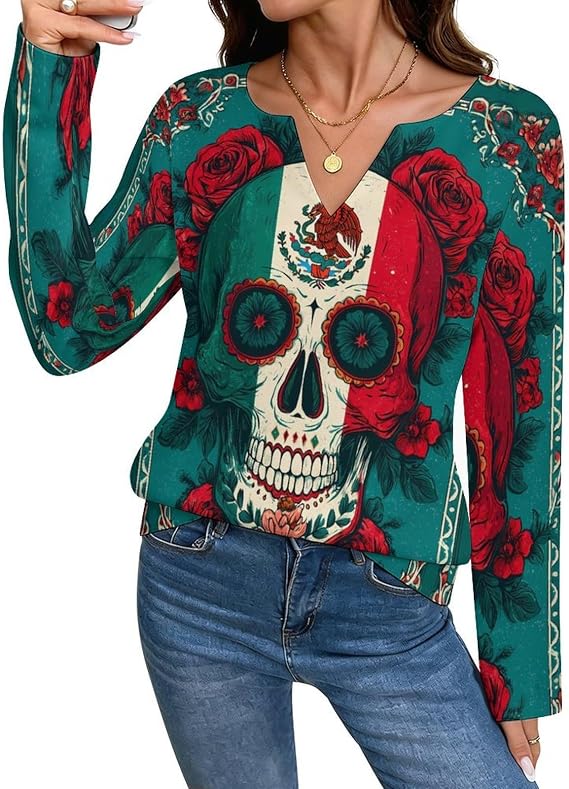 Mexico Sugar Skull Day Casual Women's Long Sleeve T-Shirt 5X-Large - skull tshirt