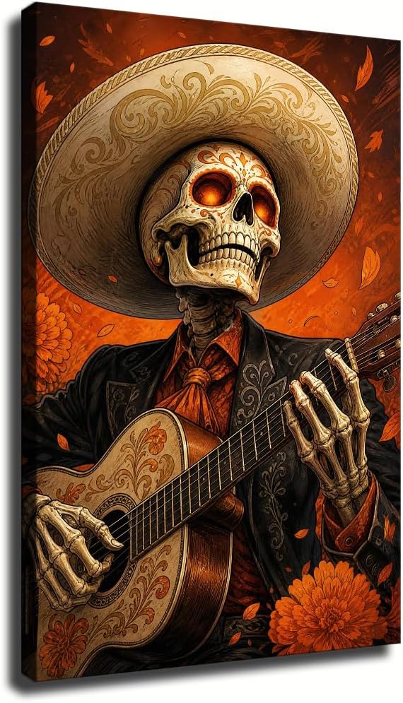 Tnibouun Mexican Sugar Skull Guitar Player Wall Art (Unframed,12×18 inch) - skull sticker