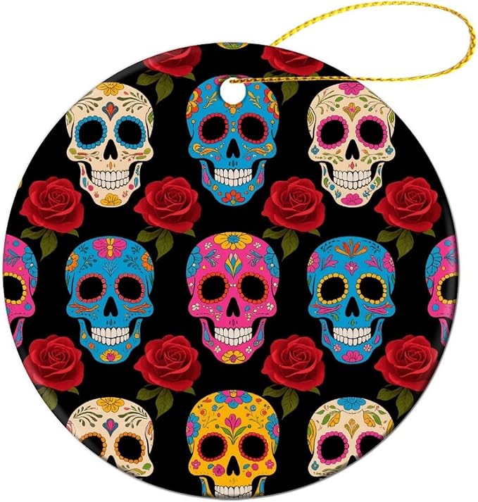 Ceramic Christmas Decoration, Xmas Ornaments, Sugar Skulls - skull wreath