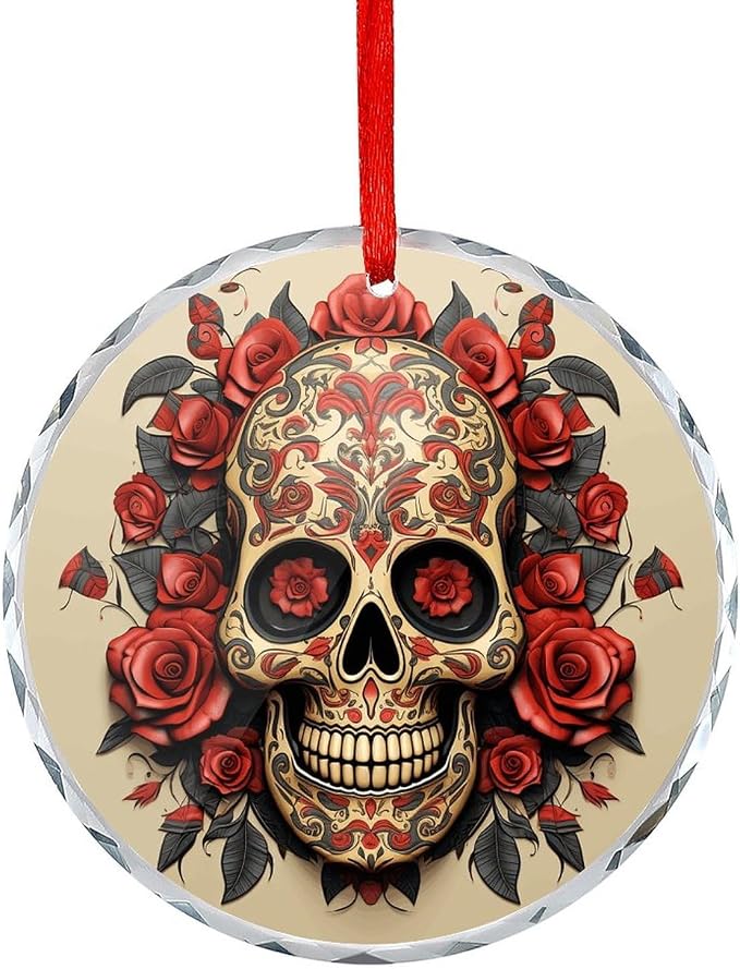 Christmas Tree Ornaments Glass Pendants, Red Rose Sugar Skull - skull wreath