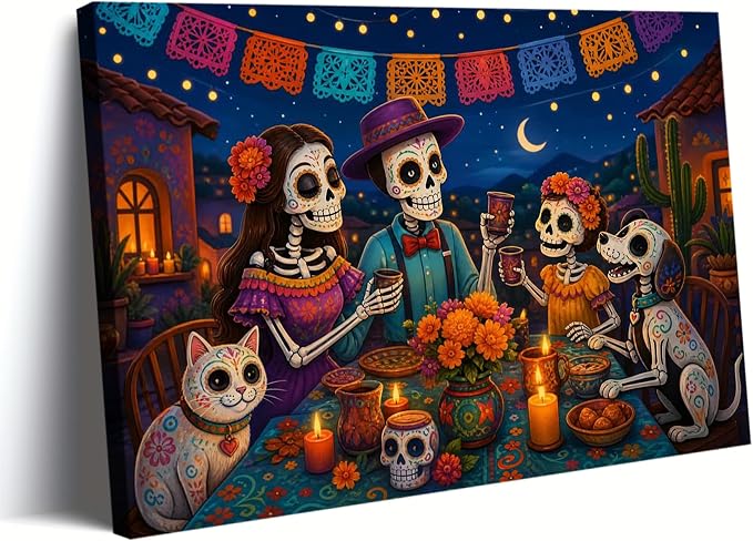 Day of The Dead Skeleton Family Dinner Wall Art (Unframed,08×12 inch) - skull sticker