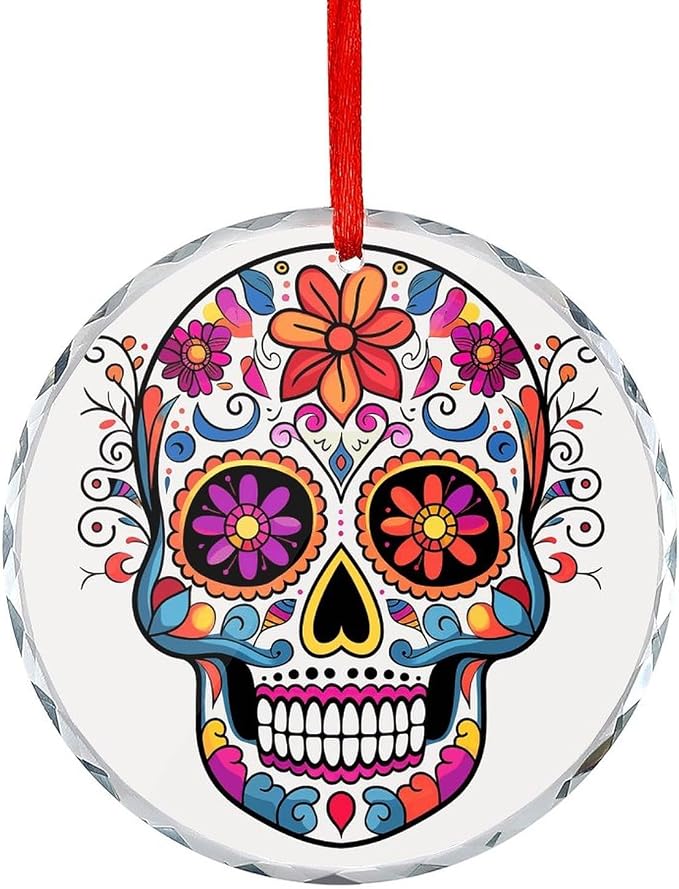 Christmas Tree Ornaments Glass Pendants, Sugar Skull - skull wreath