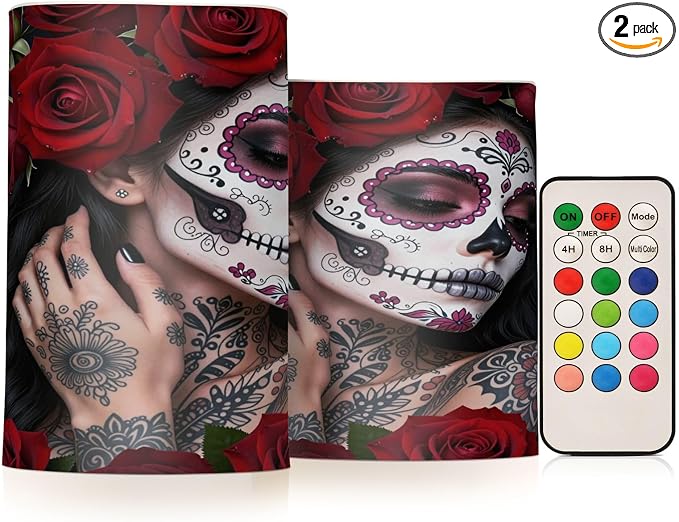 Yuiboo Sugar Skull Girl Roses Flower Rechargeable Flameless Candles with - skull candle