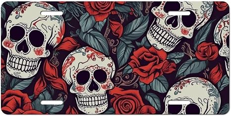 Sugar Skulls and Red Roses License Plate Metal Car Front Vanity Tag - skull plate
