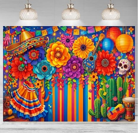Mexican Carnival Colorful Paper Flower Theme Background 6x4 FT - skull sticker