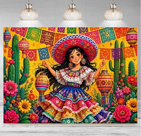 Mexican Themed Colorful Let's Fiesta Party Background 5x3 FT - string light