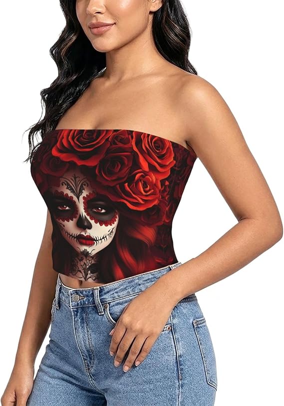 Women's Mexico-Sugar-Skull-Rose Strapless Tube Top Stretch Bandeau Tank - skull tank tops