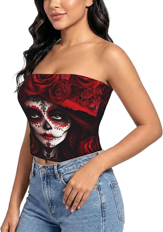 Women's Mexico-Women-Sugar-Skull Strapless Tube Top Stretch Bandeau Tank - skull tank tops