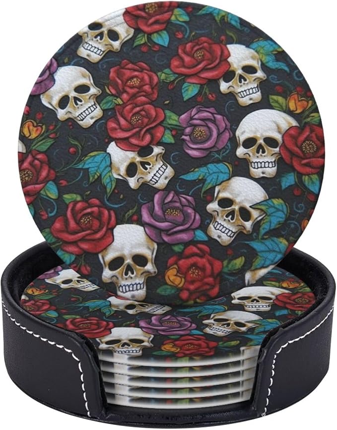 6 Pack Round Pu Leather Drink Coasters, Sugar Skull Flowers - skull coaster