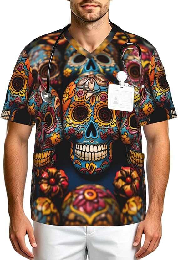 Strectchy Scrub Top for Men V-Neck with 3 Pockets Fun Scrub Shirts - skull tshirt