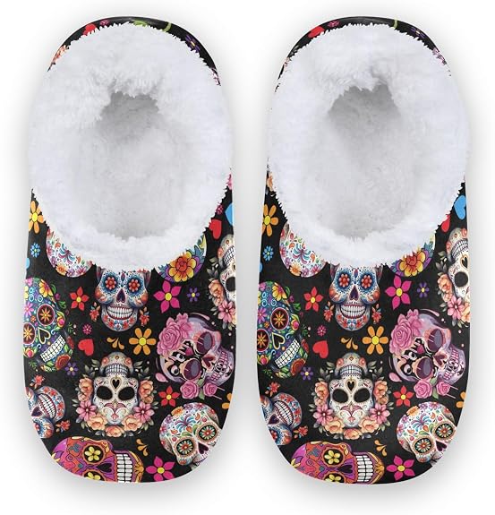 Fuzzy Warm Soft House Shoes, Slipper Socks for Women and Men - sugar skull costume