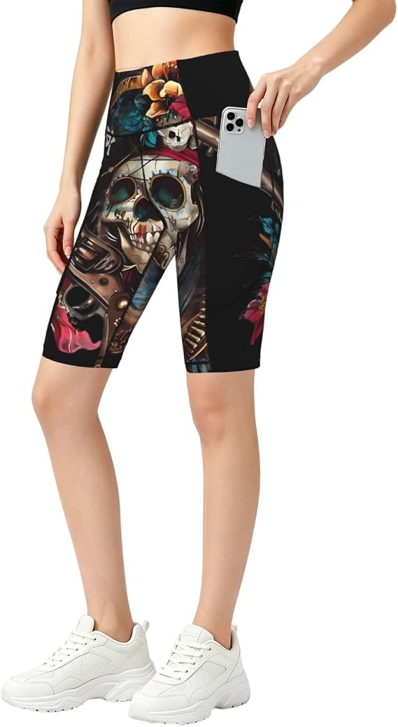 Sugar Skull Pirate Women's Five Quarter Pants with Pocket High Waist Yoga Pants - skull leggings