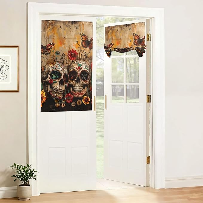 Sugar Skulls Butterfly Print French Blackout Door Window Curtain - skull sticker