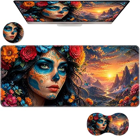 Ergonomic Mouse Pad Set, Desk Mat with Mouse Wrist Rest and Coaster, Memory Foam Wrist Support, Non-Slip Rubber Base, Stitched Edges for Office Gaming,Sugar Skull Woman Sunset - skull coaster