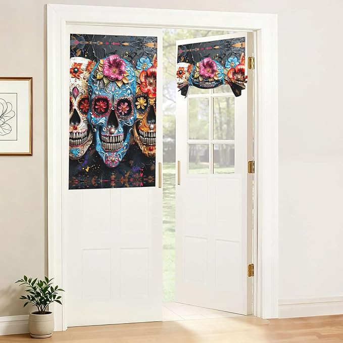 Sugar Skulls Print French Blackout Door Window Curtain - skull sticker