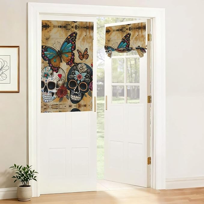 Sugar Skulls Butterfly Print French Blackout Door Window Curtain - skull sticker