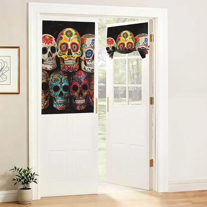 Sugar Skulls Print French Blackout Door Window Curtain - skull sticker