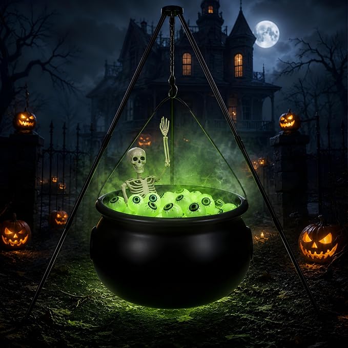 Witch Cauldron with Steel Tripod for Halloween Yard Decor，Large - string light