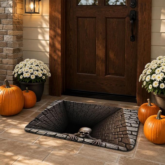Halloween Doormat 3D Optical Illusion Rug, 23 * 35 Inch Crystal Velvet Non-Slip Floor Mat, Ghost Skeleton Skull Printed Welcome Mat for Entryway Bathroom Kitchen, Fall Halloween Decor 90cm×60cm - skull toilet mat