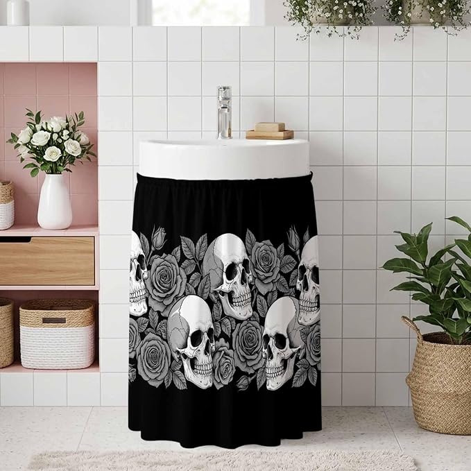 Black Grey Skulls Sink Skirt 11"x13",Dustproof Under Sink Curtain with Self Adhesive Tape,Vintage Black Roses Leaves Dark Foliage Cabinet Curtain Cover for Bathroom Vanity,RV,Kitchen Cabinet Shelf - skull sticker