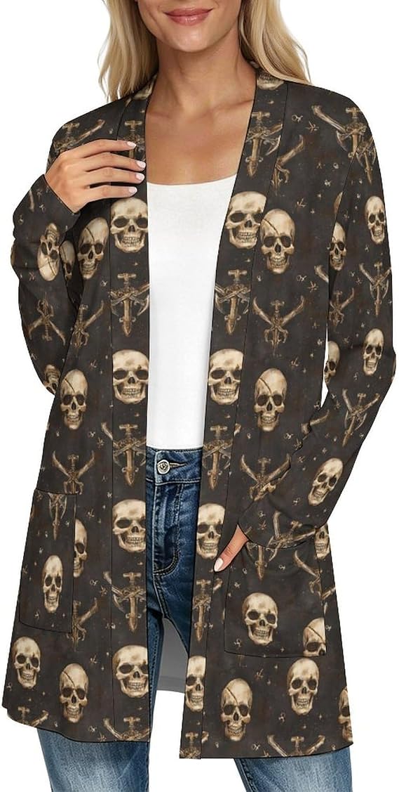 Long Cardigans for Women Trendy Open Front Lightweight Casual - skull jacket