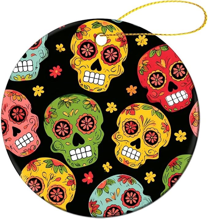 Sugar Skull Day of The Dead Christmas Decorations Round Ornaments 4 Pcs - skull inflatable
