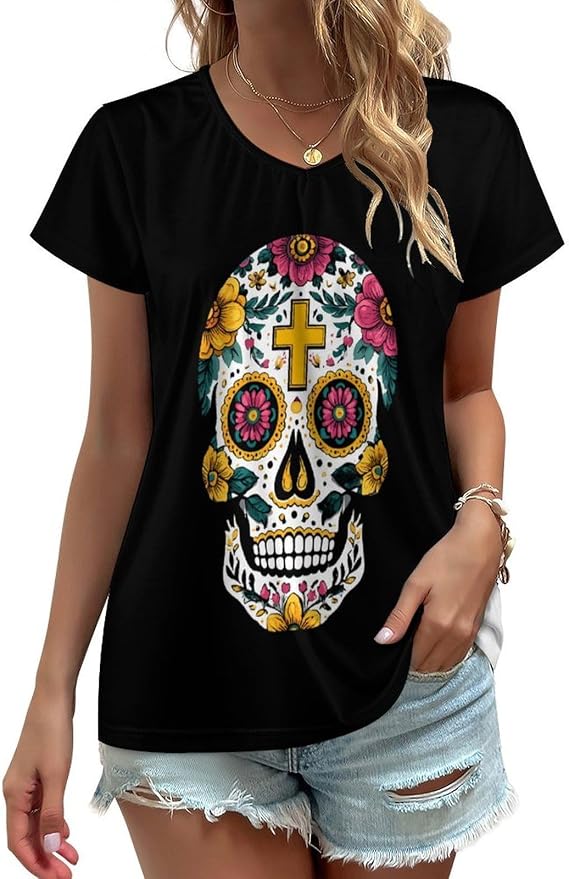 Mexican Sugar Skull Casual Women's T-Shirt Short Sleeve 5X-Large - skull tshirt
