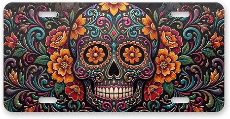 Sugar Skull Marigold License Plate - Aluminum Vanity Front Tag for Car - skull plate