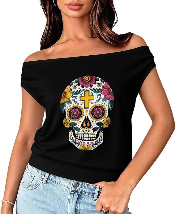 Mexican Sugar Skull Funny Women's T-Shirt Off Shoulder Top 4X-Large - skull tshirt