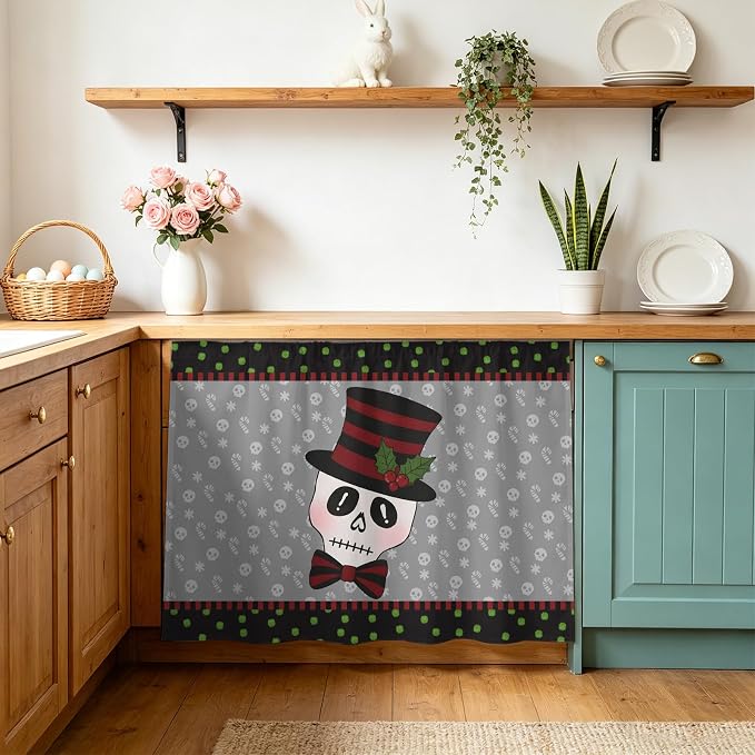 Christmas Skull Cabinet Curtain 28"x35", Dustproof Under Sink Skirt with Self Adhesive Tape, Winter Xmas Candy Cane Skeleton Grey Cabinet Curtain Cover for Bathroom Vanity, Kitchen Sink, Laundry Room - skull sticker