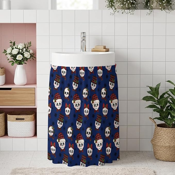 Christmas Skull Sink Skirt 11"x13",Dustproof Under Sink Curtain with Self Adhesive Tape,Winter Xmas Skeleton Snowflakes Blue Cabinet Curtain Cover for Bathroom Vanity,RV,Kitchen Cabinet Storage Shelf - skull sticker