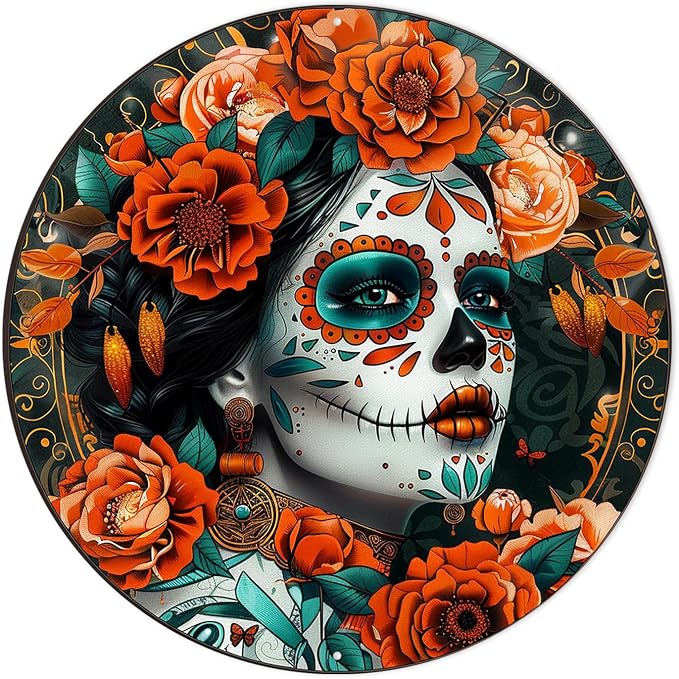 Round Metal Sign, Calavera Sugar‑Skull Autumn Motif, 8 Inch, Bedroom Living Space, Weather Resistant Hanging Plaque - skull sticker