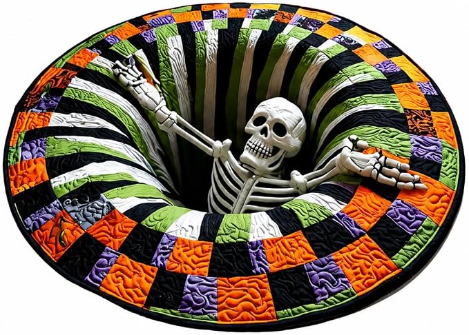 3D Halloween Rug, 32 Inch 3D Rugs Optical Illusion Halloween Rugs Indoor, 3D Skeleton Vortex Quilted Round Halloween Rug, Soft & Durable Fabric Non-Slip Home Decor (A) - skull carpet
