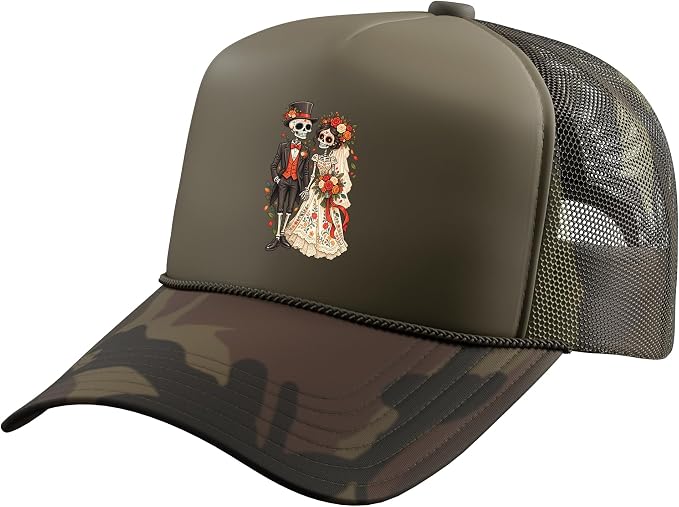 Sugar Skull Couple Trucker Hat with Adjustable Mesh Back - skull tshirt