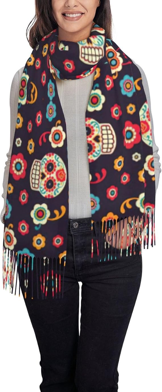 Women'S Fashion Sugar Skulls Print Cozy Winter Scarf, Soft Long Double-Sided Shawl With Tassels, Oversized Warm Scarf Wrap - sugar skull dress