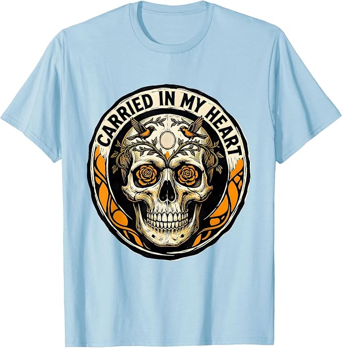 Carried In My Heart Linocut Gothic Sugar Skull Halloween Art T-Shirt - skull tshirt