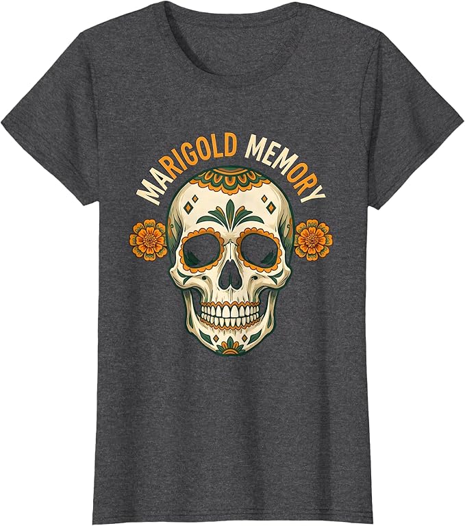 Women's Marigold Memory Folk Art Sugar Skull Halloween Gothic Horror T-Shirt - skull tshirt