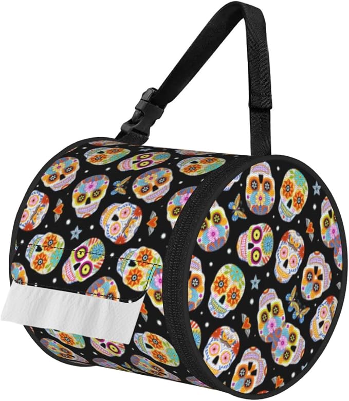 Sugar Skulls Butterfly Print Cylinder Tissue Holder, Toilet Hanging Bag for Bathroom Home Fits Travel Car Office Home - skull toilet paper