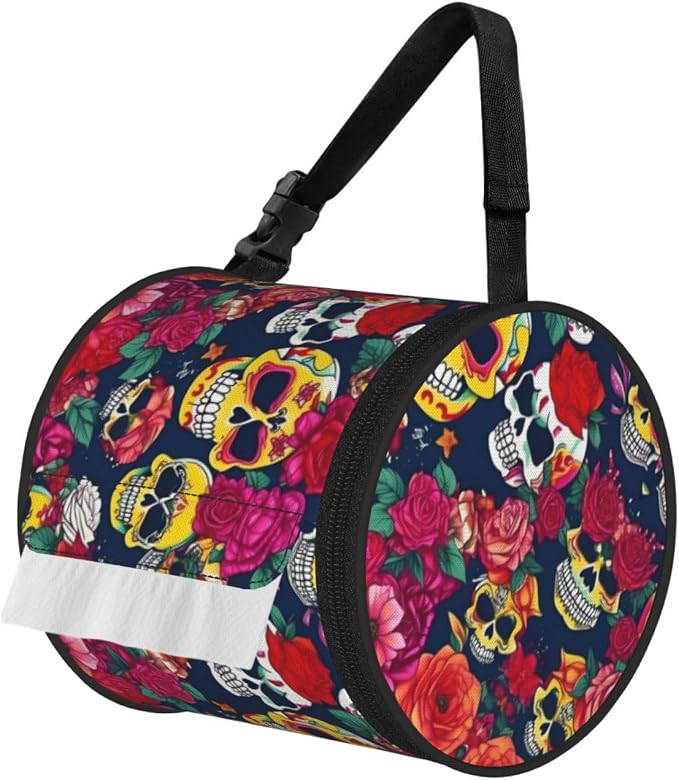 Sugar and Skulls and Flowers Print Cylinder Tissue Holder, Toilet Hanging Bag for Bathroom Home Fits Travel Car Office Home - skull toilet paper