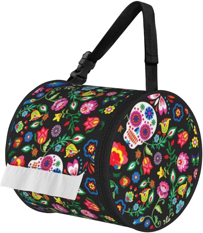 Sugar and Skulls and Flowers Print Cylinder Tissue Holder, Toilet Hanging Bag for Bathroom Home Fits Travel Car Office Home - skull toilet paper