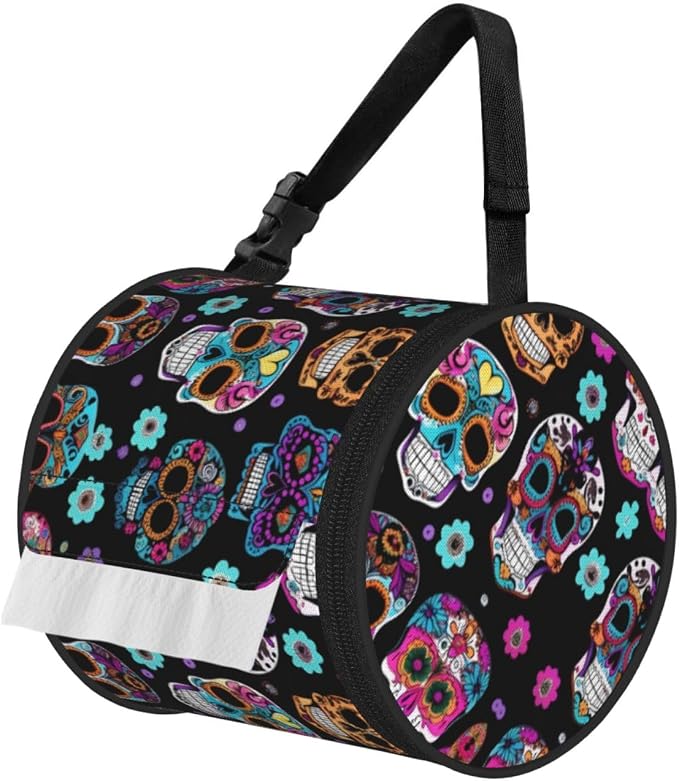 Sugar Skull Print Cylinder Tissue Holder, Toilet Hanging Bag for Bathroom Home Fits Travel Car Office Home - skull toilet paper