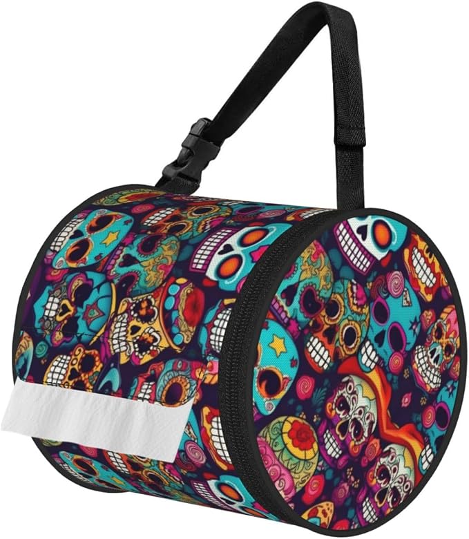 Sugar Skulls Print Cylinder Tissue Holder, Toilet Hanging Bag for Bathroom Home Fits Travel Car Office Home - skull toilet paper